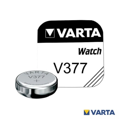 Bateria para relógio VARTA V377 com embalagem branca e preta e logotipo VARTA