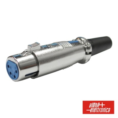 Conector XLR feminino metálico prateado com três orifícios para pinos e ponta preta