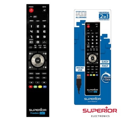 Controle remoto universal preto da Superior Electronics e sua embalagem azul e branca