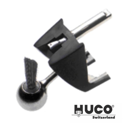 Produto metálico articulado preto e prateado com logótipo HUCO Switzerland