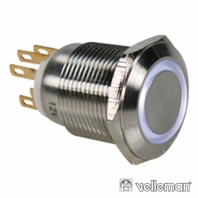 Botão de pressão redondo metálico prateado com iluminação LED branca e terminais dourados