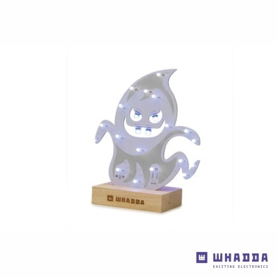 Luminária decorativa monstro branco com luzes LED e base de madeira