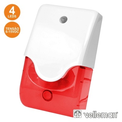 Sirene eletrónica branca e vermelha com 4 LEDs e indicação de tensão