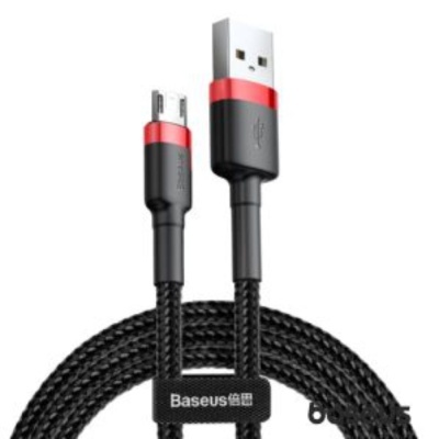Cabo USB micro USB negro com detalhes vermelhos e etiqueta Baseus
