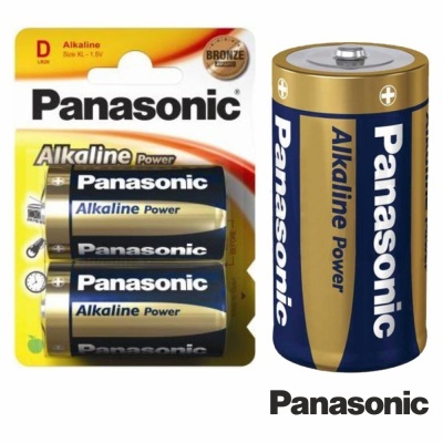 Pack de duas pilhas Panasonic alcalinas tipo D azul e dourado na embalagem