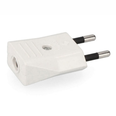 Adaptador elétrico branco com dois pinos redondos e parafuso visível