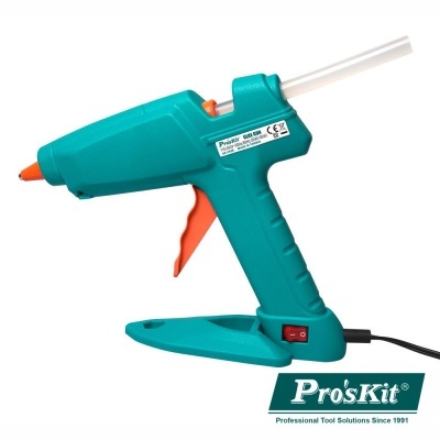 Pistola de cola quente azul turquesa com gatilho laranja e base de apoio