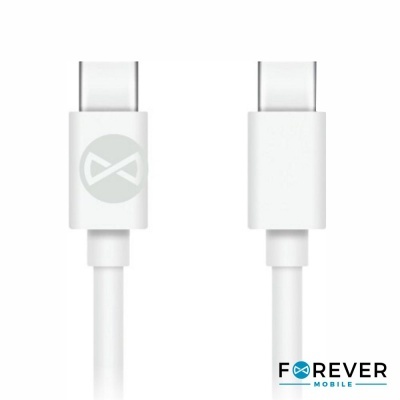 Cabo USB Tipo-C branco com logótipo cinza e texto FOREVER MOBILE