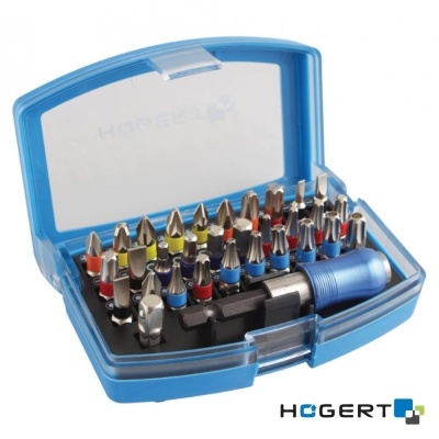 Conjunto de pontas de parafusadeira coloridas em caixa azul com tampa transparente