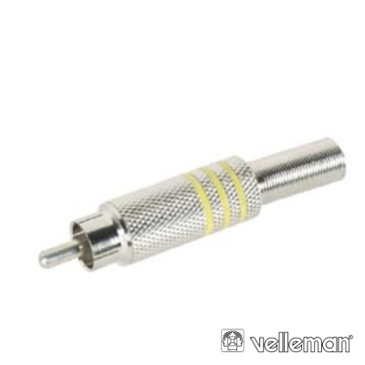 Conector RCA metálico prateado com detalhes em amarelo