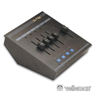 Mesa de mistura Life-Puter preta com faders e botões azuis da marca Velleman