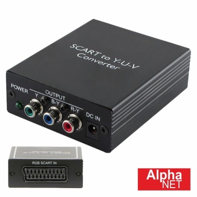 Conversor SCART para YUV preto com conectores coloridos e porta de alimentação