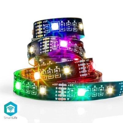 Fita de luz LED multicolor enrolada com circuitos e texto +6V, R, G, B