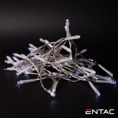 Cordão de luzes LED brancas sobre superfície preta com logo ENTAC