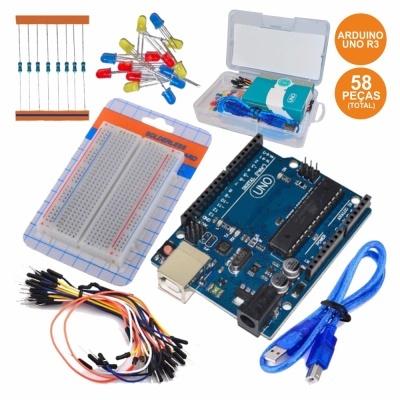 Kit Arduino UNO R3 com 58 peças incluindo placa, protoboard, LEDs, resistores e cabos