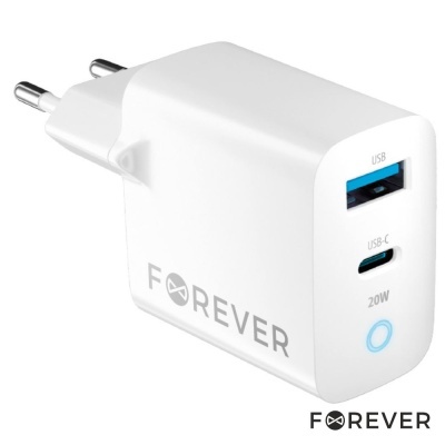 Carregador de parede branco FOREVER com porta USB e USB-C