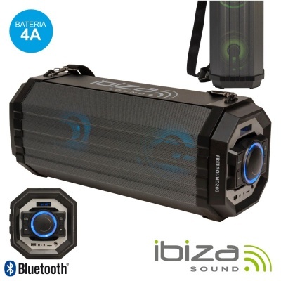 Coluna portátil Ibiza Sound preta com detalhes azuis e cinzentos, com texto VISUALR SOUND e PRETSOUND20