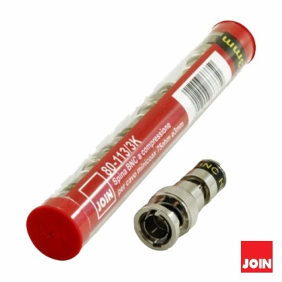 Conector BNC de compressão JOIN em embalagem transparente com tampa vermelha
