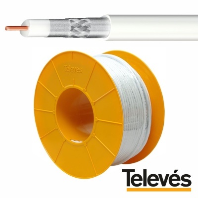 Rolo de cabo coaxial branco com núcleo de cobre em carretel amarelo Televes