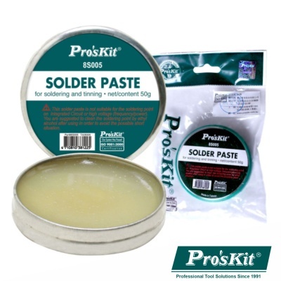 Pasta de soldar Pro'sKit 8S005 em lata metálica e embalagem plástica