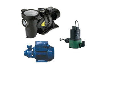 Três bombas de água em cores preta, azul e verde sobre fundo branco