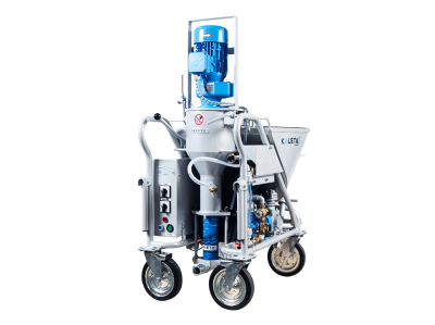 Máquina industrial de pintura azul e cinzenta com rodas e painel de controlo