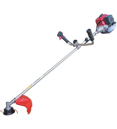 Aparador de relva motorizado com motor vermelho e cinzento e punho duplo