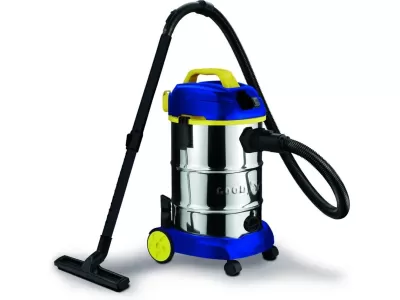 aspirador industrial aço inoxidável azul e amarelo com mangueira preta