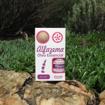 Embalagem de óleo essencial Alfazema branca com detalhes roxos e rosa sobre rochas e plantas verdes