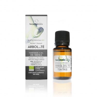 Frasco âmbar de óleo essencial e caixa branca com gráfico e texto