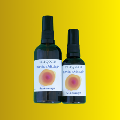 Dois frascos de óleo de massagem Eliqixir para músculos e articulações, com rótulos brancos