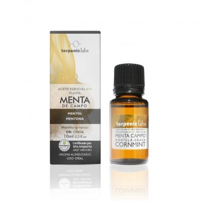 Frasco âmbar de óleo essencial de menta com embalagem branca e texto em português e inglês