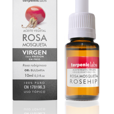 Óleo vegetal virgem de rosa mosqueta em frasco âmbar com conta-gotas e embalagem com descrição do produto