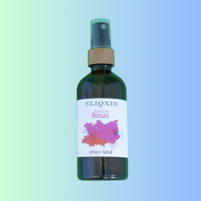 Frasco de tónico facial Água de Rosas ELIQXIR com tampa verde e anel de madeira