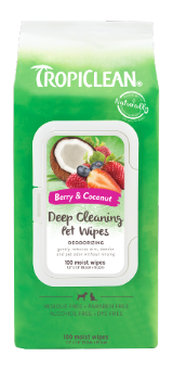 Pacote de lenços húmidos TropiClean Berry & Coconut para limpeza profunda de animais