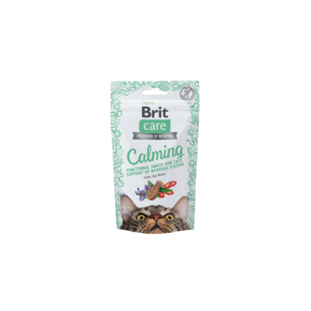 Embalagem de snacks Brit Care Calming para gatos com design verde e branco e imagem de gato
