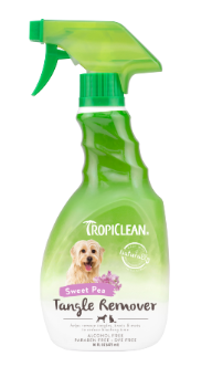 Frasco de spray TropiClean Sweet Pea Tangle Remover para cães com bico verde