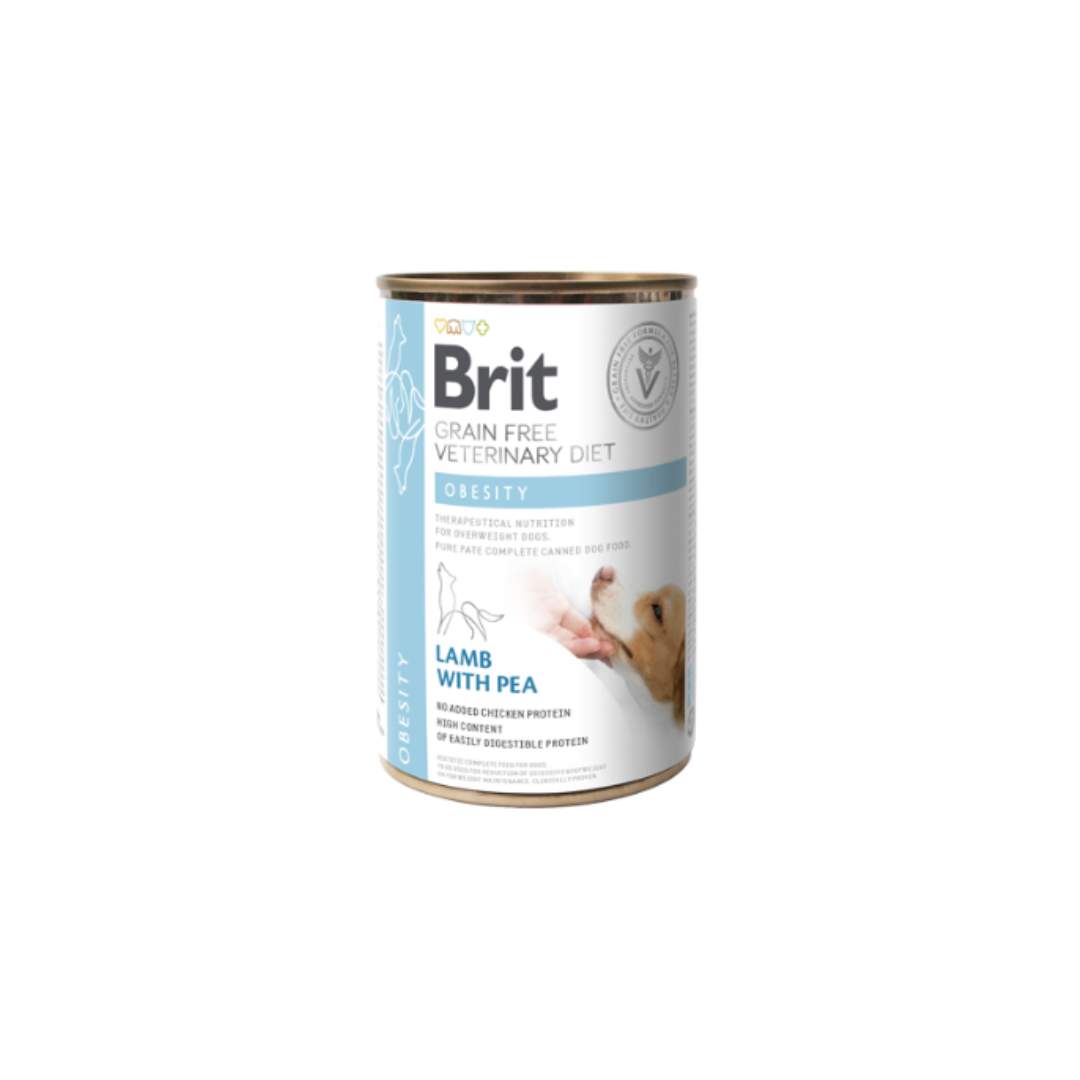 Lata de comida para cães Brit Grain Free Veterinary Diet Obesity sabor cordeiro com ervilha