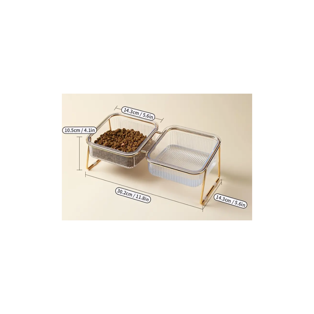 Comedouro duplo para animais com tigelas transparentes e base metálica dourada