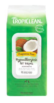 Pacote verde e branco de lenços húmidos para animais com imagem de coco