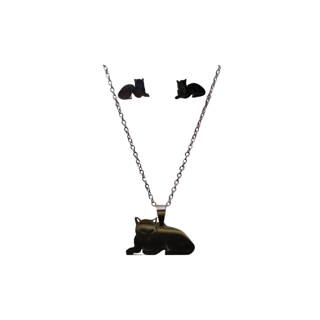Conjunto bijuteria com colar e brincos pingentes gato preto