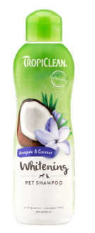 Garrafa de champô para cães TropiClean Whitening com tampa verde e imagens de coco e flor