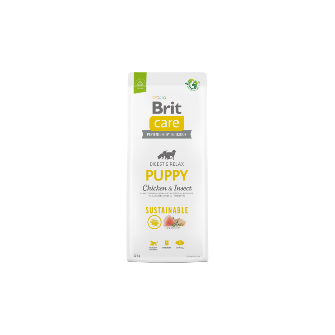 Pacote de comida para cães Brit Care Puppy com design branco, amarelo e cinza