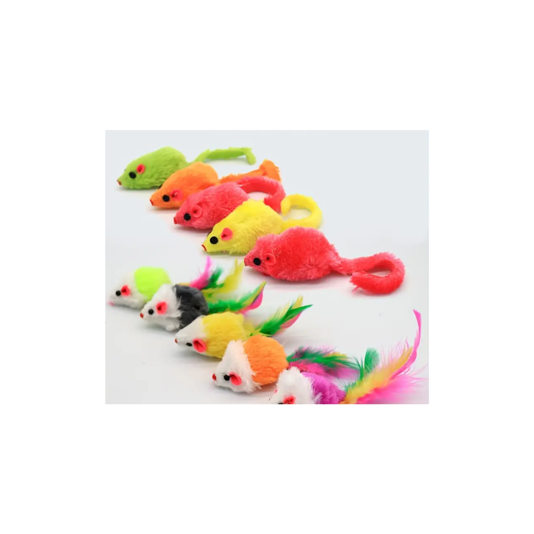 Brinquedos de gato em forma de ratos coloridos em pelúcia e penas