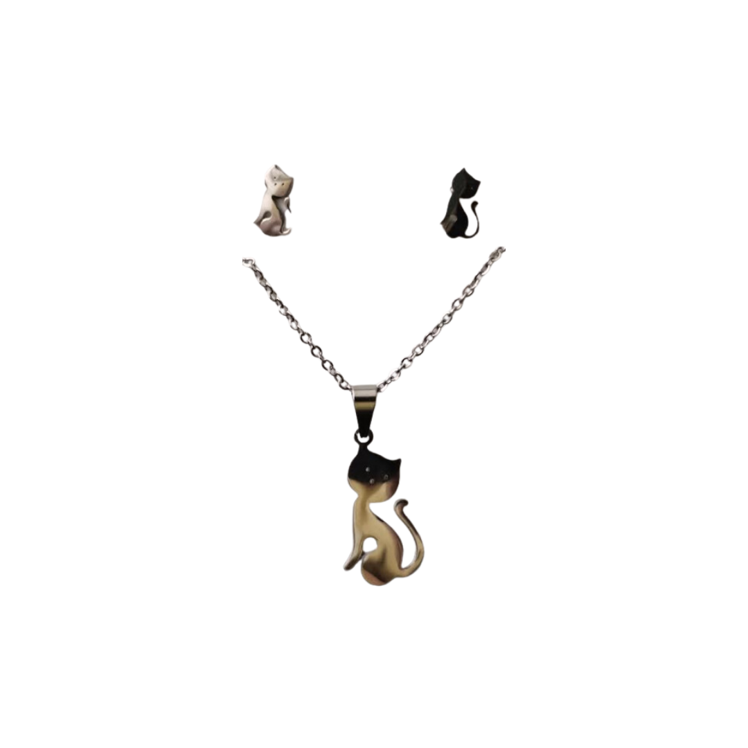 Conjunto colar e brincos com design de gatos em metal