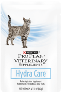 Saco branco de suplemento veterinário para hidratação de gatos com um gato cinza impresso