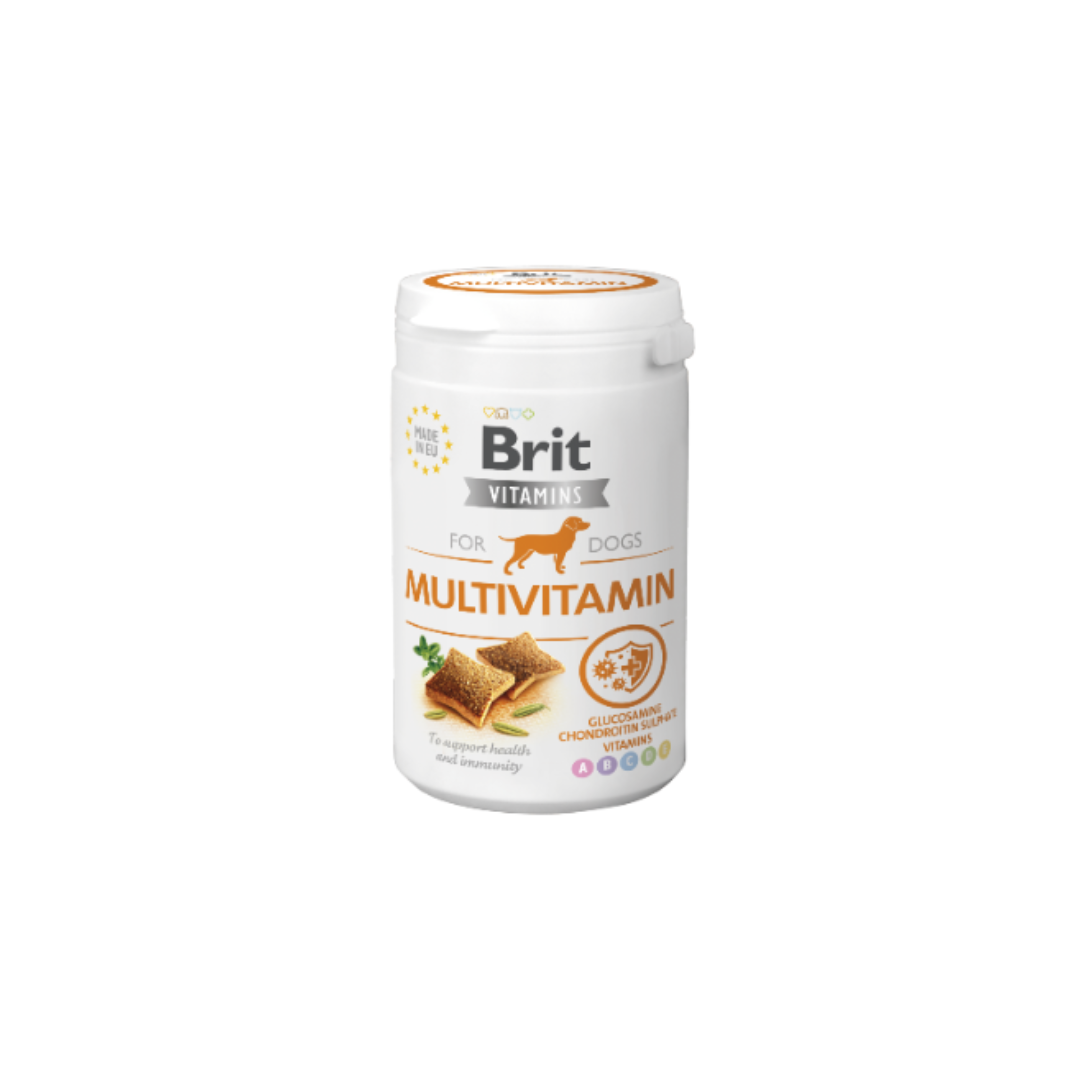 Frasco branco de suplemento multivitamínico para cães Brit Vitamins