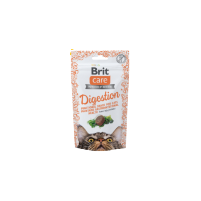 Embalagem de snacks para gatos Brit Care Digestion com fundo branco e detalhes laranja