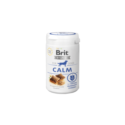 Frasco de vitaminas para cães Brit CALM com imagem de biscoitos e cão azul.