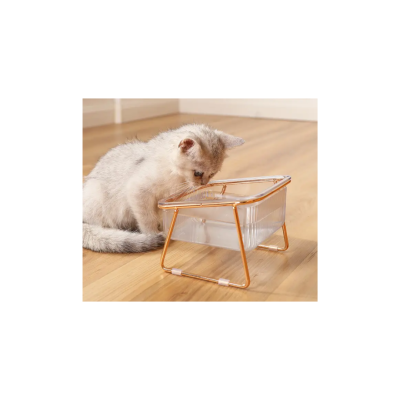 Alimentador elevado para gatos em metal dourado com tigela transparente e gato cinzento no chão de madeira